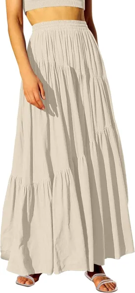 ANRABESS Women??s Boho Elastic High Waist Pleated A-Line Flowy Swing Asymmetric Tiered Maxi Long Skirt Dress with Pockets