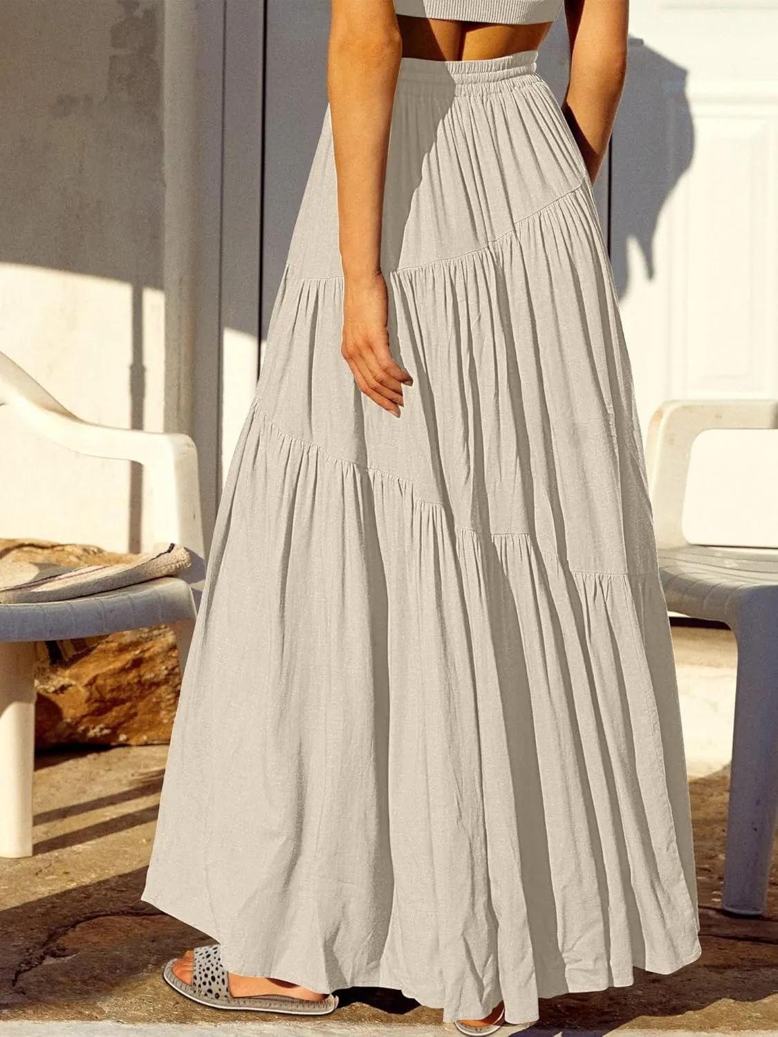 ANRABESS Women??s Boho Elastic High Waist Pleated A-Line Flowy Swing Asymmetric Tiered Maxi Long Skirt Dress with Pockets