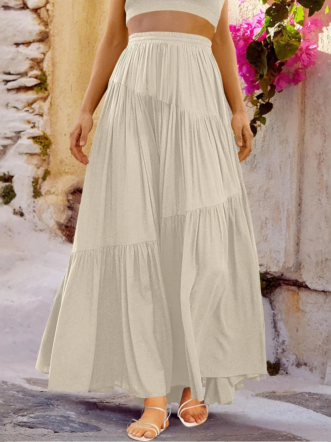 ANRABESS Women??s Boho Elastic High Waist Pleated A-Line Flowy Swing Asymmetric Tiered Maxi Long Skirt Dress with Pockets