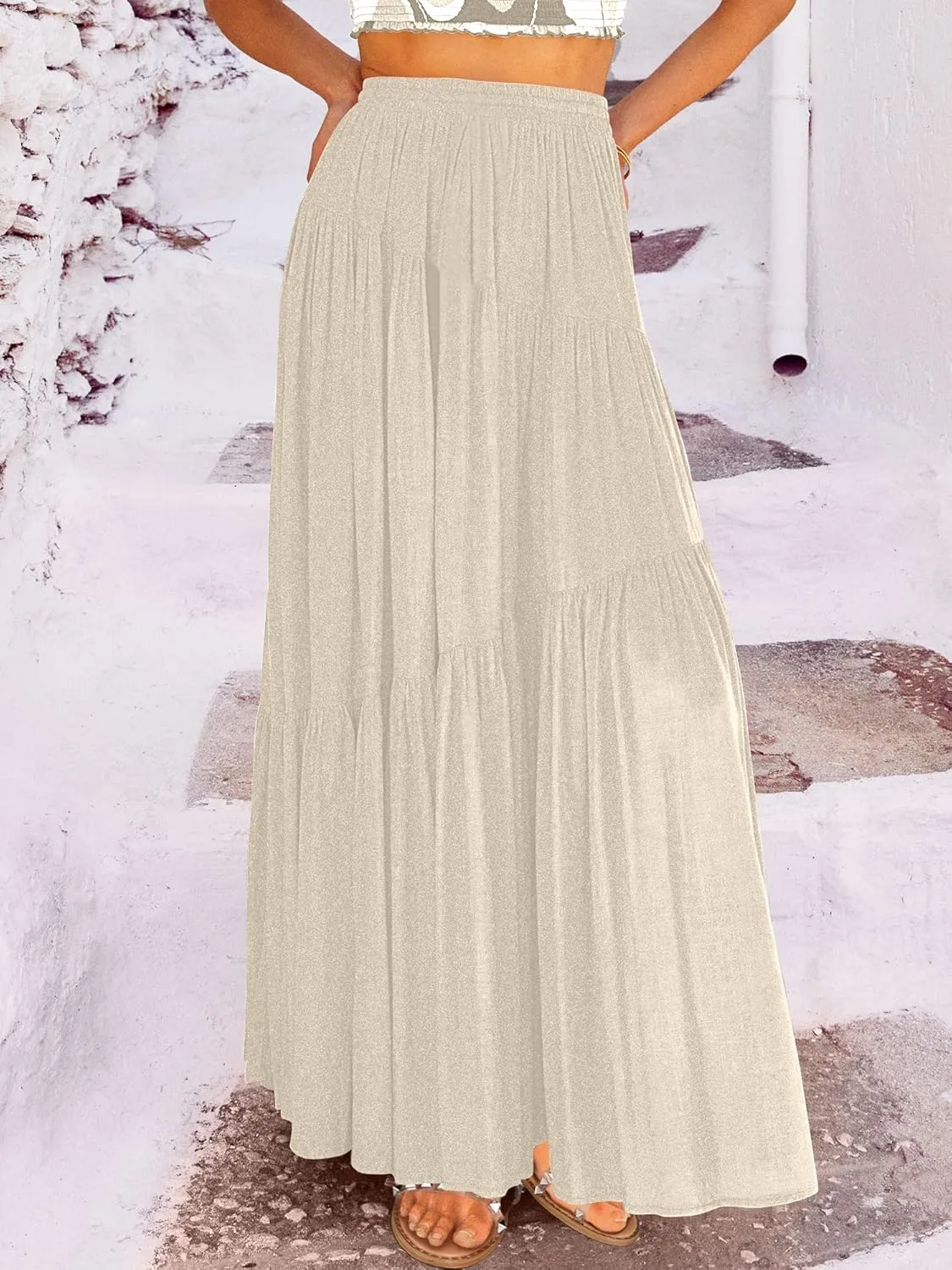 ANRABESS Women??s Boho Elastic High Waist Pleated A-Line Flowy Swing Asymmetric Tiered Maxi Long Skirt Dress with Pockets