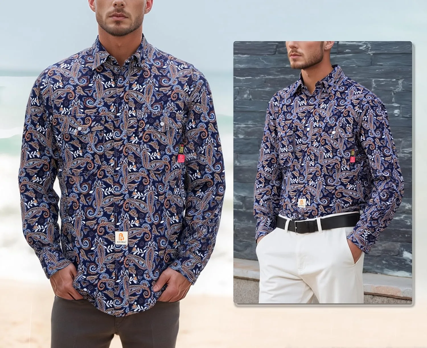 BOCOMAL FR Shirts Printed Paisley/Hawaii Lightweight Pearl Snaps Button Down Flame Resistant NFPA2112 CAT2 Work Shirt