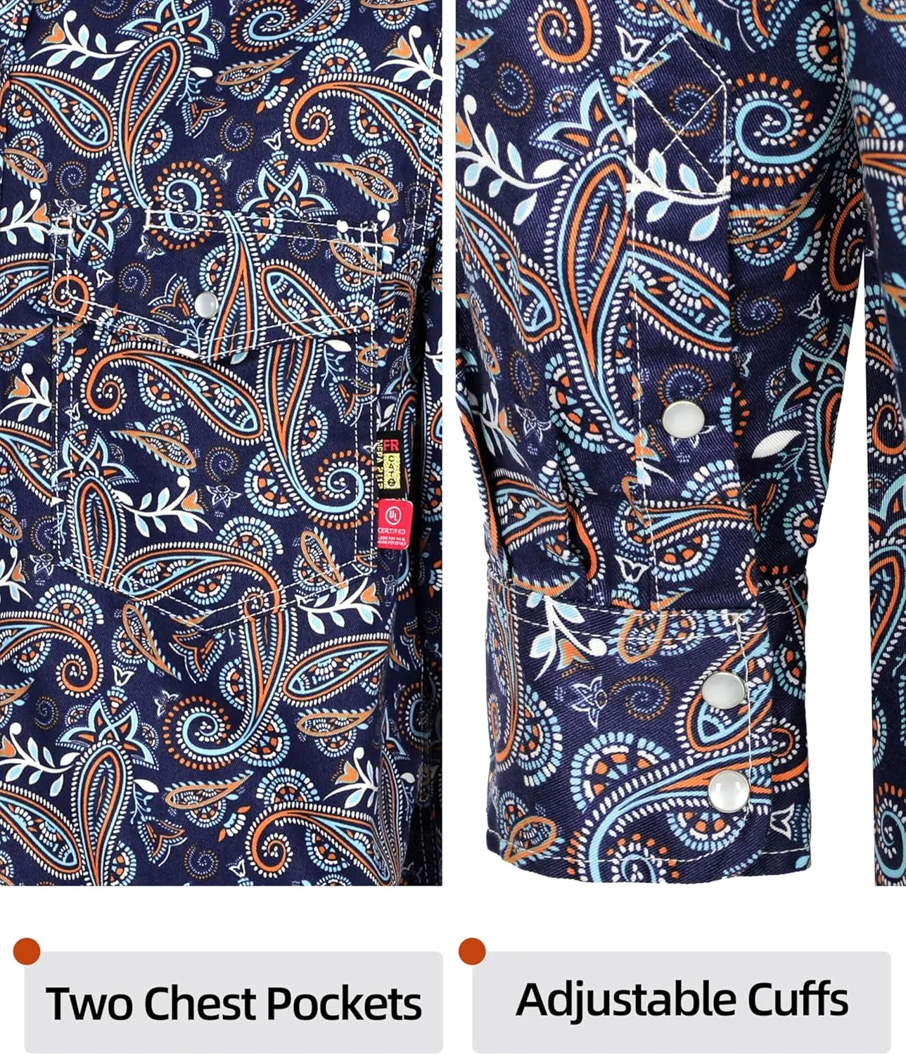 BOCOMAL FR Shirts Printed Paisley/Hawaii Lightweight Pearl Snaps Button Down Flame Resistant NFPA2112 CAT2 Work Shirt