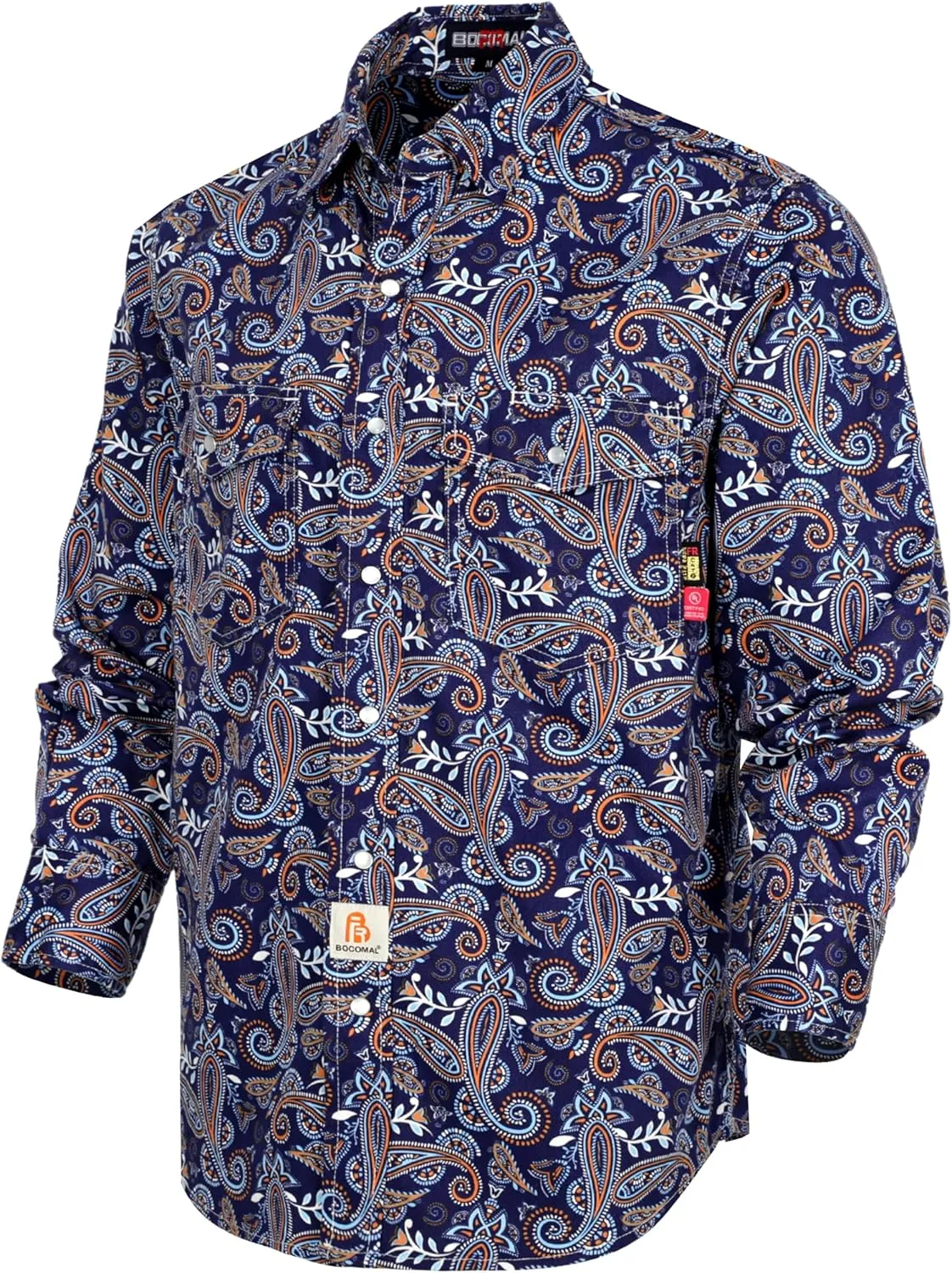 BOCOMAL FR Shirts Printed Paisley/Hawaii Lightweight Pearl Snaps Button Down Flame Resistant NFPA2112 CAT2 Work Shirt