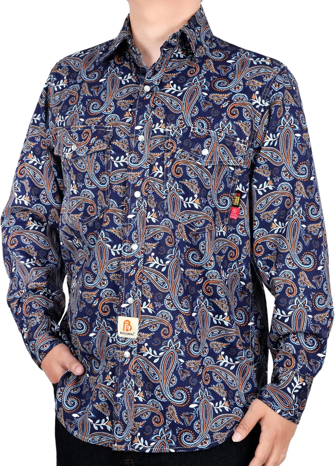 BOCOMAL FR Shirts Printed Paisley/Hawaii Lightweight Pearl Snaps Button Down Flame Resistant NFPA2112 CAT2 Work Shirt
