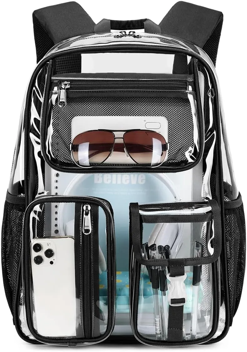 Cusangel Clear X-Large Backpack Heavy Duty Clear BookBag,17.5inch TPU Large Capacity See Through Backpack for Sport Events,Travel,Plastic backpacks for 15age 