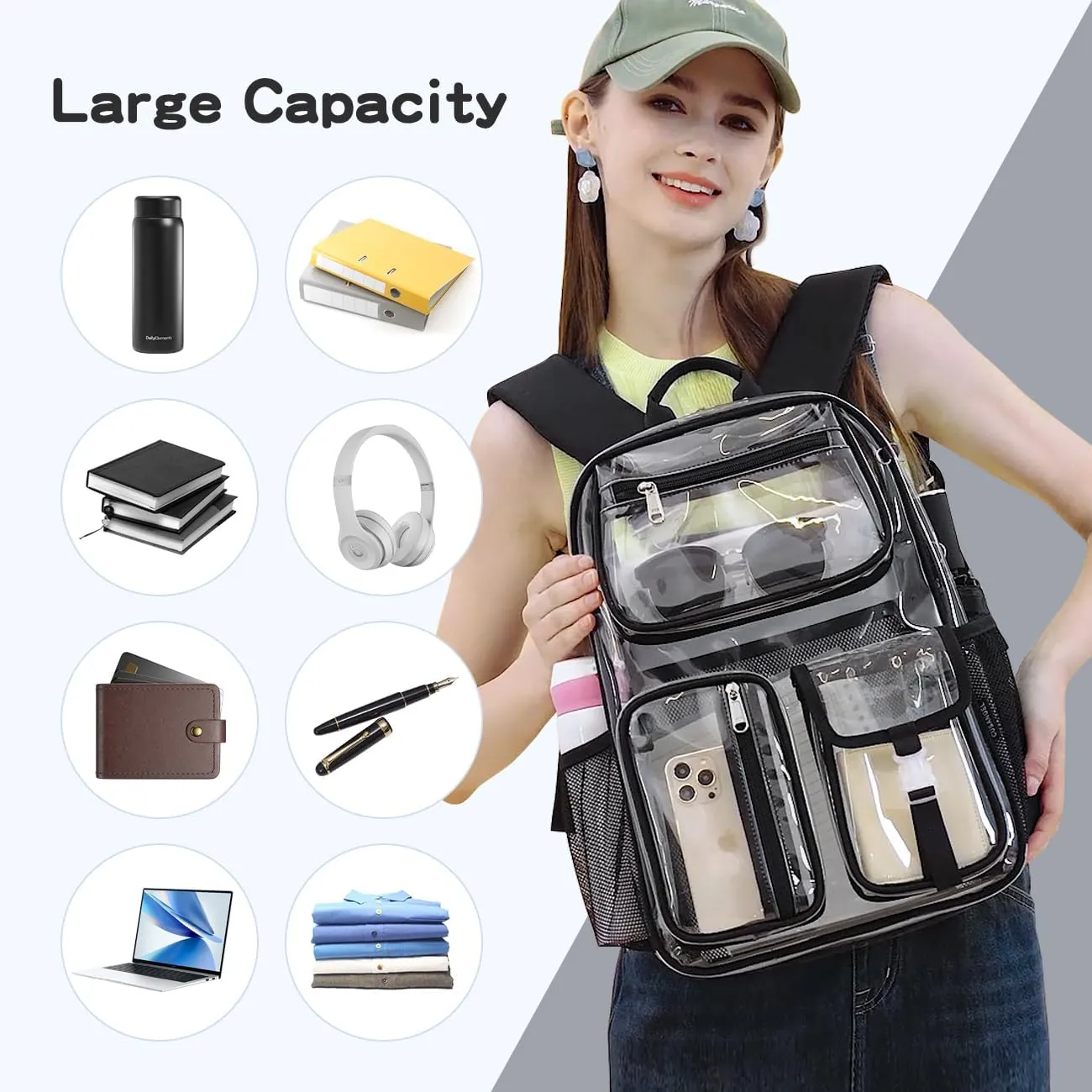 Cusangel Clear X-Large Backpack Heavy Duty Clear BookBag,17.5inch TPU Large Capacity See Through Backpack for Sport Events,Travel,Plastic backpacks for 15age 