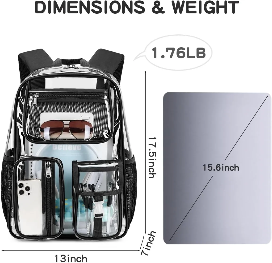 Cusangel Clear X-Large Backpack Heavy Duty Clear BookBag,17.5inch TPU Large Capacity See Through Backpack for Sport Events,Travel,Plastic backpacks for 15age 