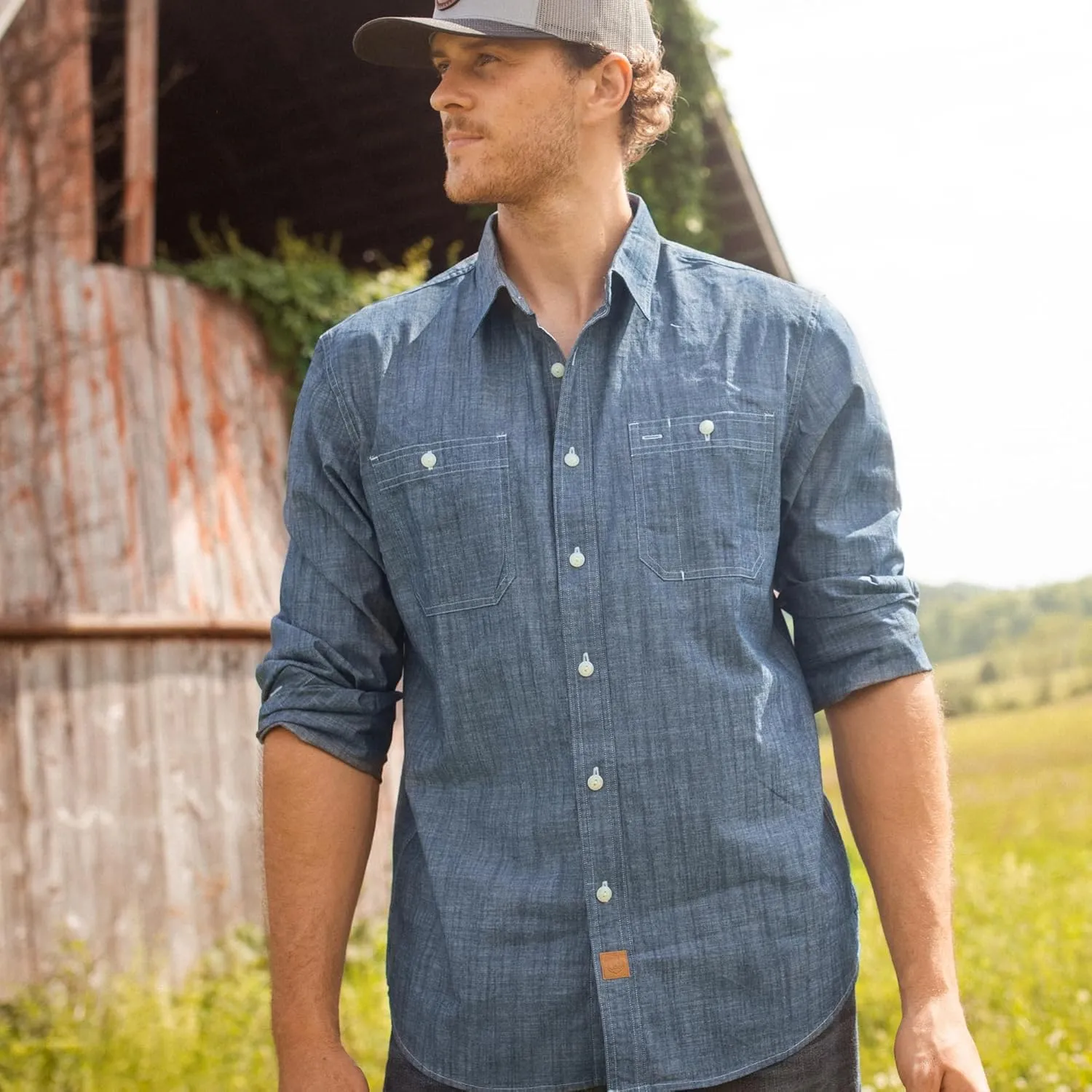 Dubinik? Chambray Shirt Men Long Sleeve Cotton Work Shirts with 2 Pockets Casual Button Down