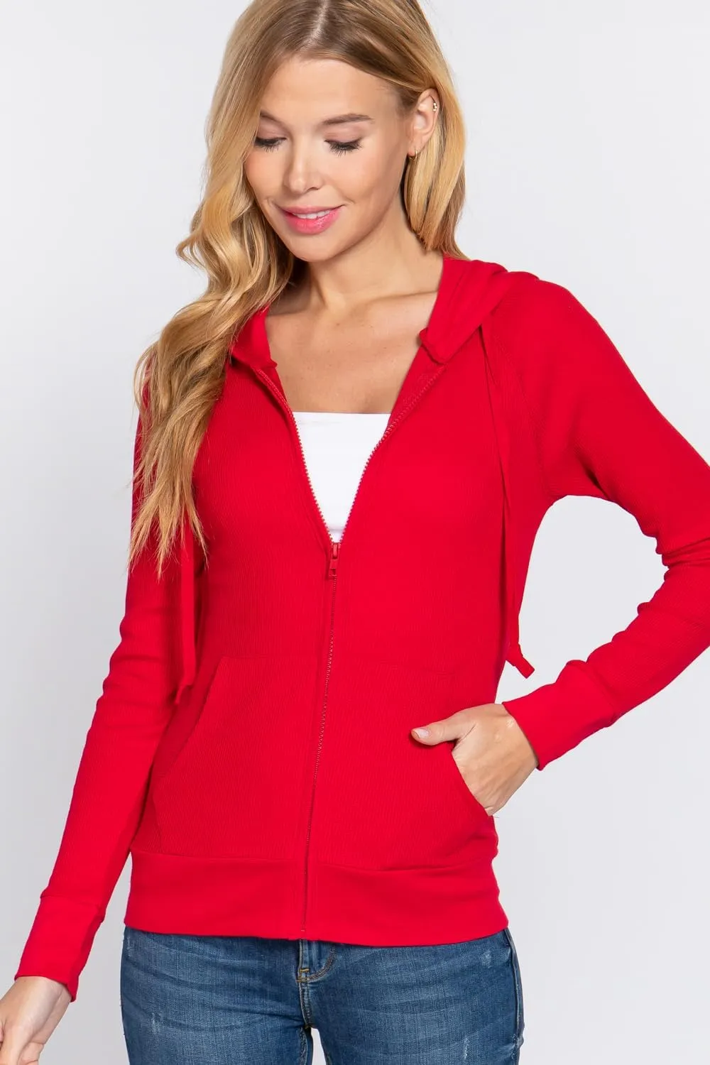 NE PEOPLE Women Basic Casual Comfy Lightweight Thermal Waffle Hoodie