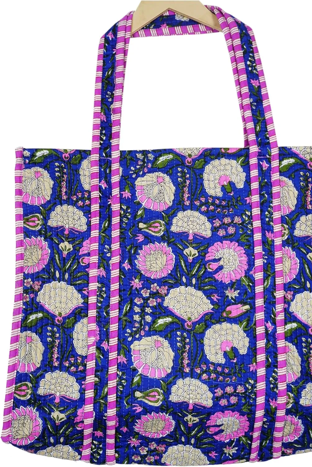 Quilted Cotton Handprinted Reversible Large multicolor Floral Tote Bag,Hand Block Print Shopping Shoulder Carry Bag