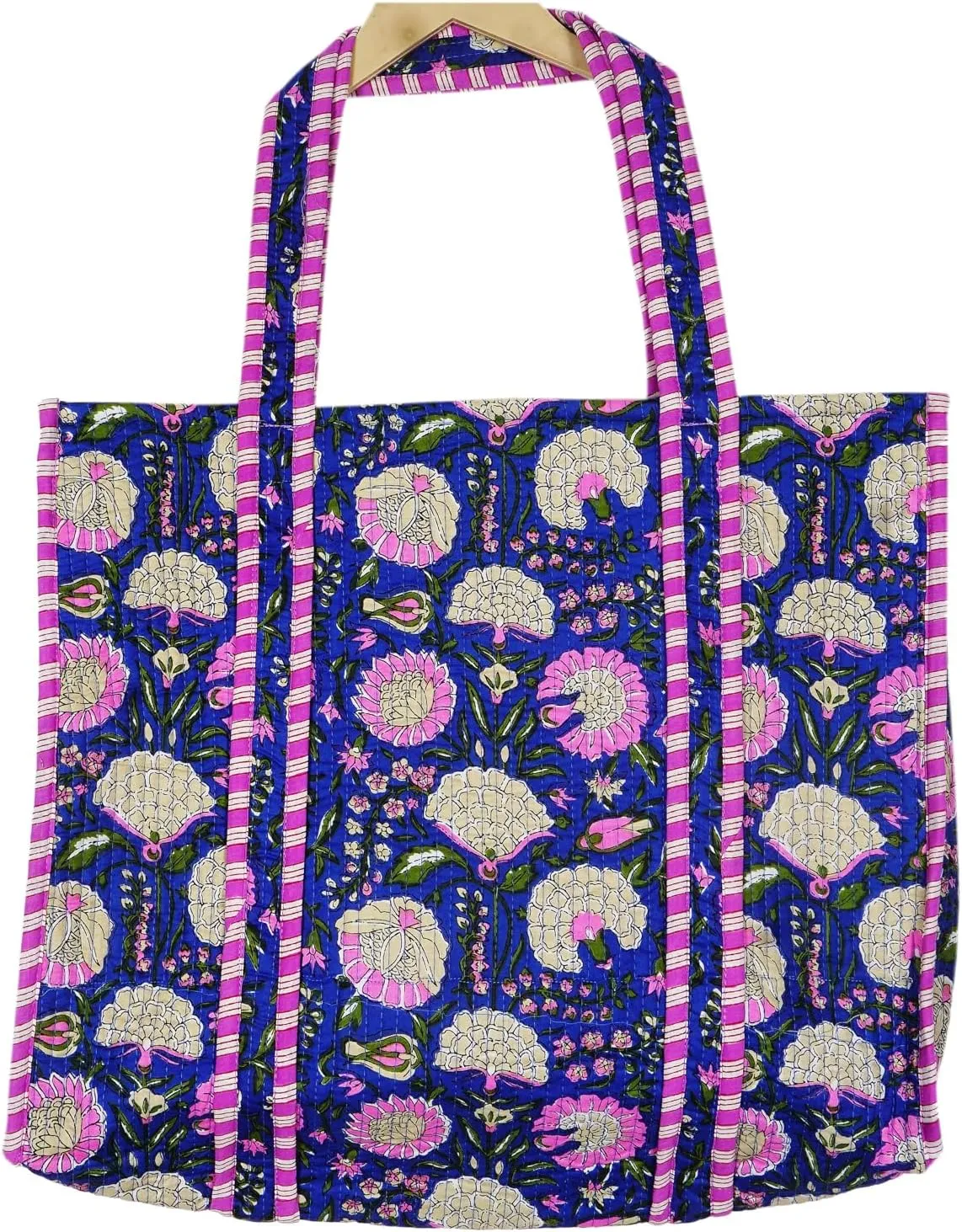 Quilted Cotton Handprinted Reversible Large multicolor Floral Tote Bag,Hand Block Print Shopping Shoulder Carry Bag