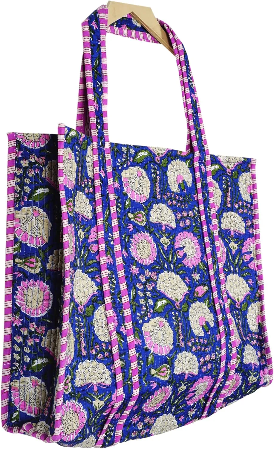 Quilted Cotton Handprinted Reversible Large multicolor Floral Tote Bag,Hand Block Print Shopping Shoulder Carry Bag
