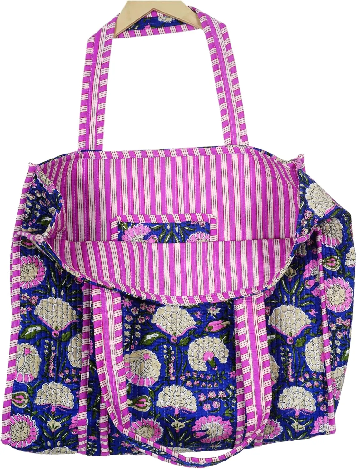 Quilted Cotton Handprinted Reversible Large multicolor Floral Tote Bag,Hand Block Print Shopping Shoulder Carry Bag