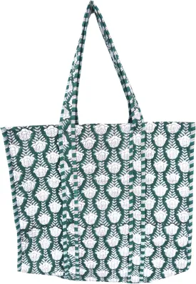 Quilted Cotton Handprinted Reversible Large multicolor Floral Tote Bag,Hand Block Print Shopping Shoulder Carry Bag