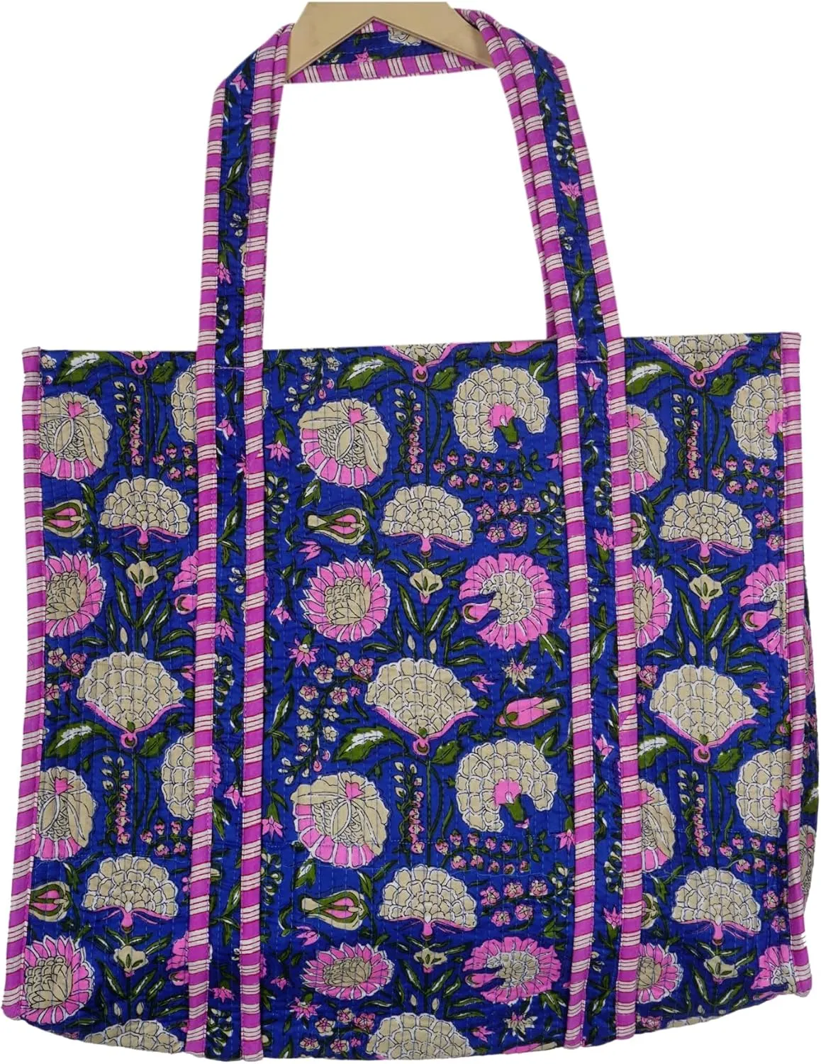 Quilted Cotton Handprinted Reversible Large multicolor Floral Tote Bag,Hand Block Print Shopping Shoulder Carry Bag