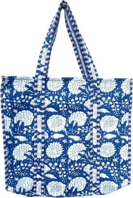 Quilted Cotton Handprinted Reversible Large multicolor Floral Tote Bag,Hand Block Print Shopping Shoulder Carry Bag