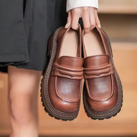 Women Casual Retro Leather Low Block Loafers