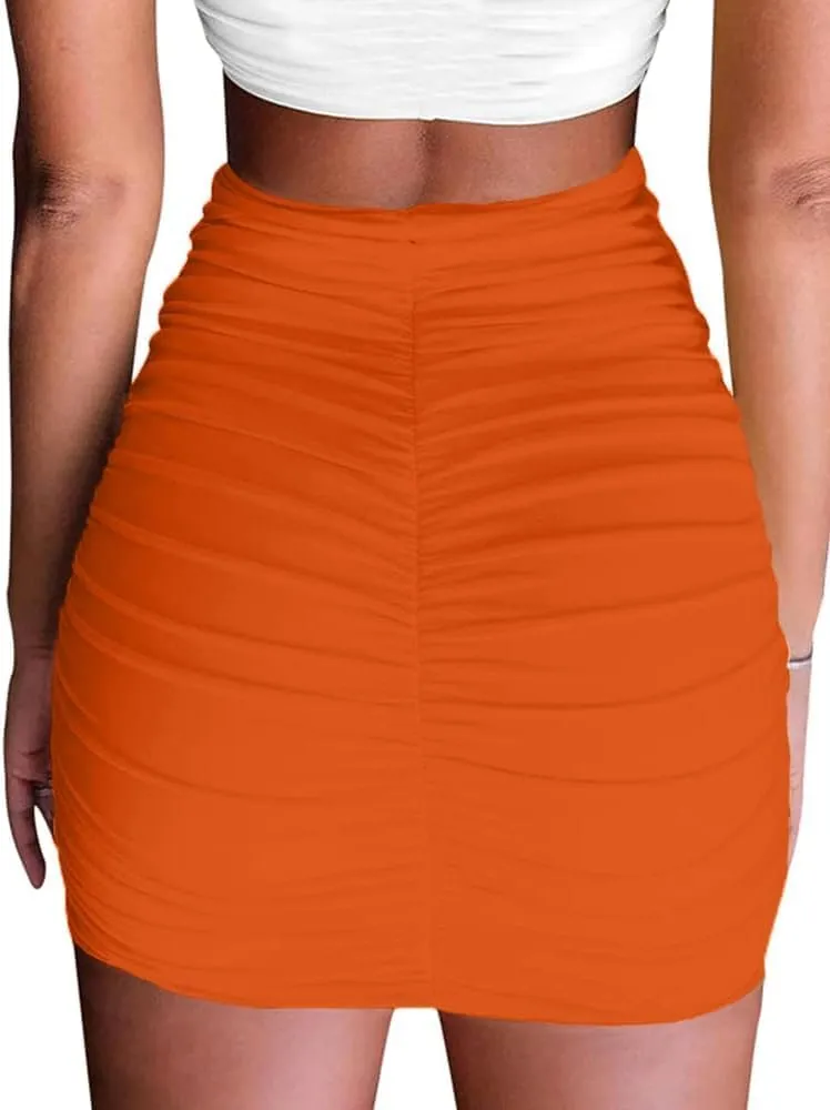 Women's Stretch High Waist Ruched Bodycon Double Layer Casual Mini Skirt