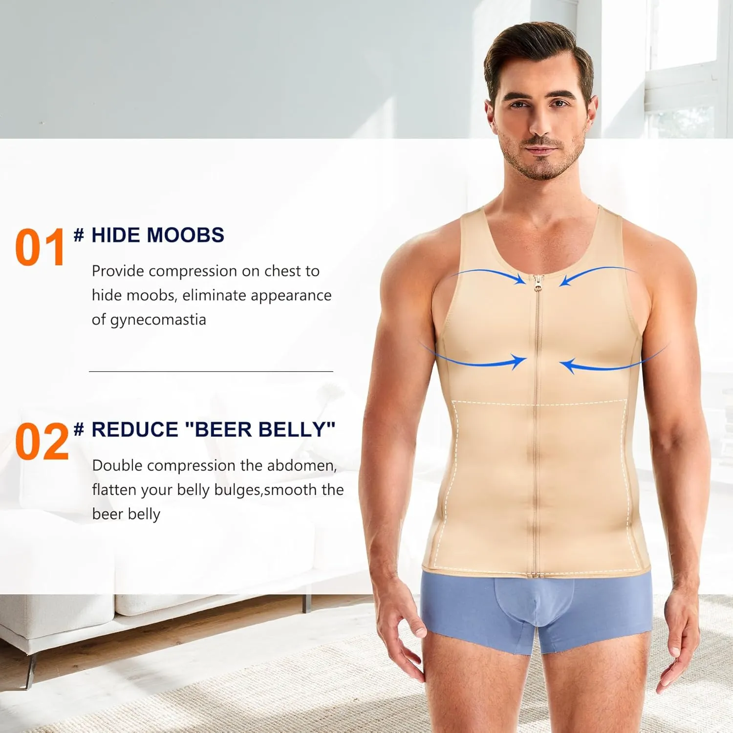 Wonderience Men Shapewear Slimming Body Shaper Compression Shirt Tank top with Zipper Underwear For tummy control